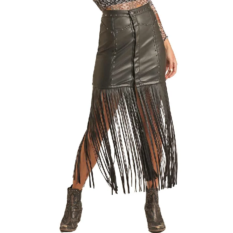 Rock & Roll Cowgirl Women's Studded Pleather Fringe Skirt lace skirt elegant