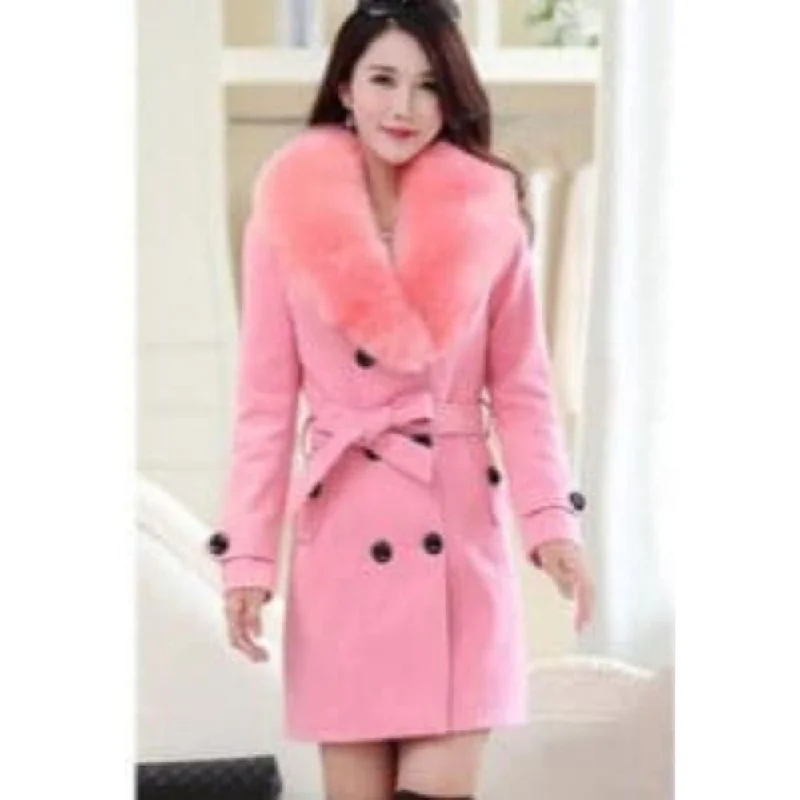 MDG Women's Fine Fashion Pink Coat Jacket Premium Quality Fur Collar Designer Wool Coat Jacket Satin Fabric Silk Fabric Chiffon Fabric