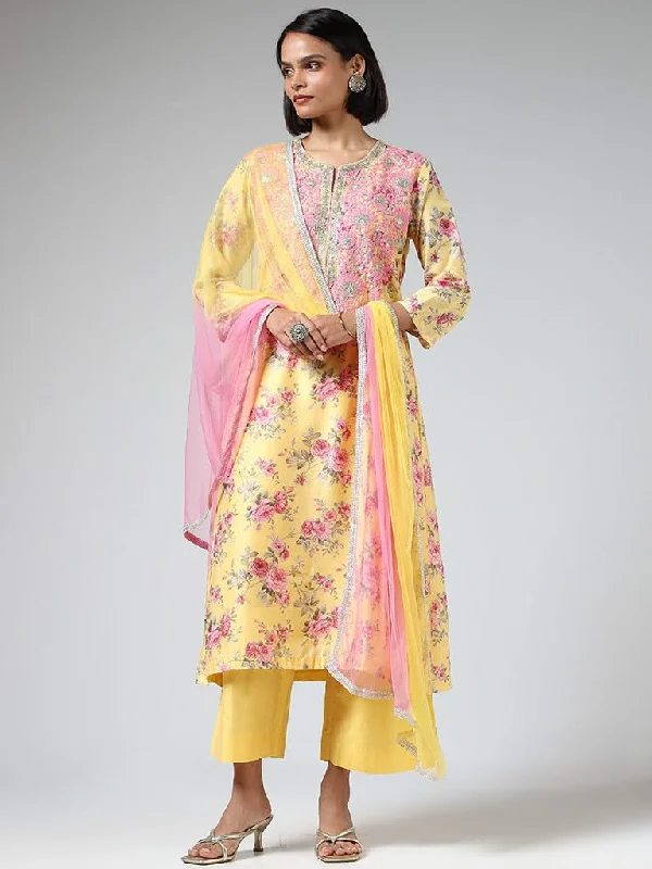 Vark Floral Printed Yellow Kurta with Pants & Dupatta Wide-Legged Palazzos