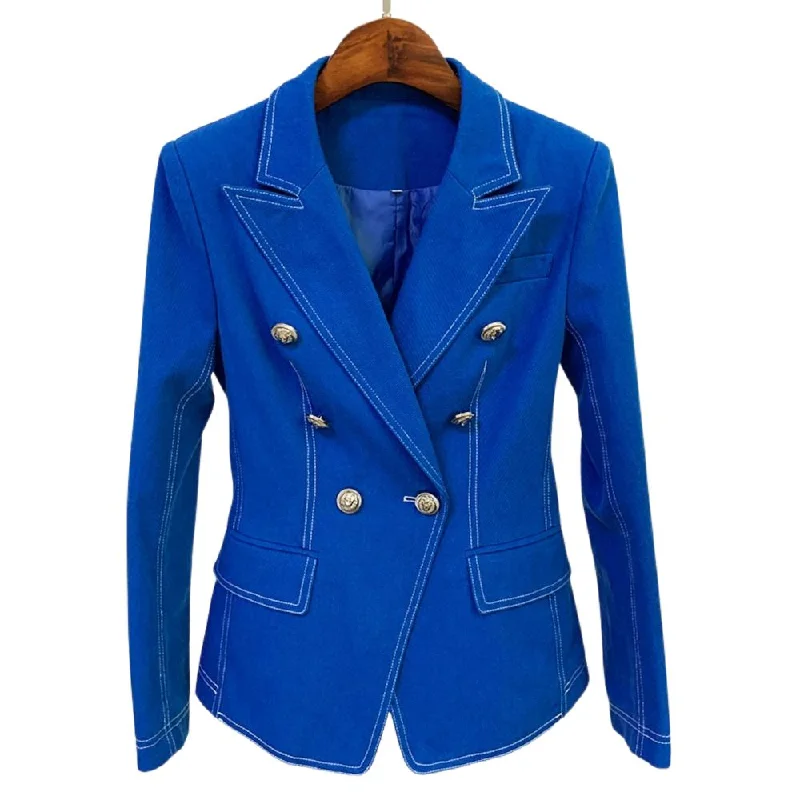 HIGHSTREET Women's Elegant Stylish Fashion Denim Design Office Business Casual Professional Style Blue Denim Blazer Jacket Jacket Blazer Coat
