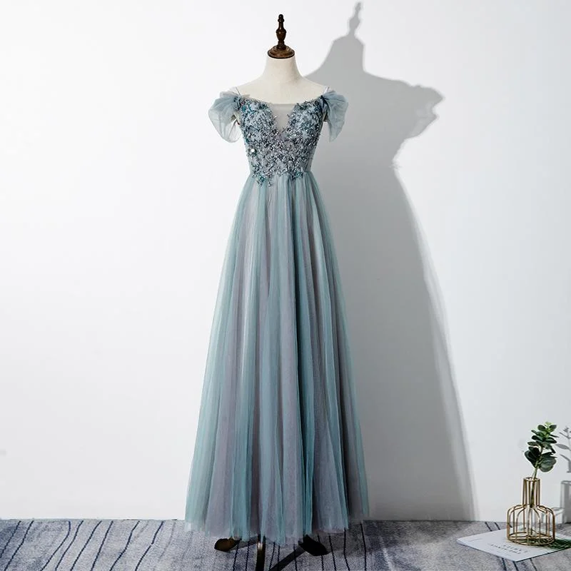 Green Tulle Lace Applique Off Shoulder Party Dress, A-Line Long Formal Dress Prom Dresses    cg19926 Turtleneck Warm Winter