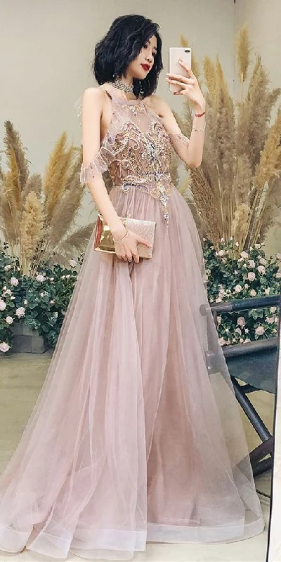 halter beaded champagne long formal dress party dress prom dress 2021    cg19738 Tunics Silk luxurious