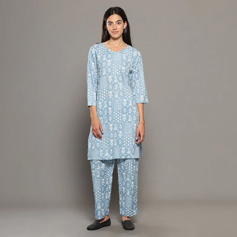 Blue Cotton Printed Kurta & Pant Co-Ord Set – Loungewear Fashionable Sporty Pants