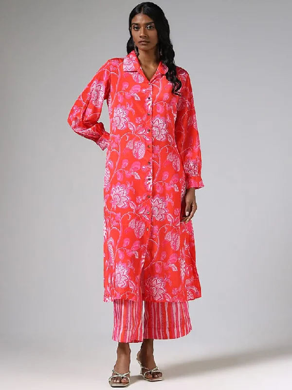 Vark Pink Button Down Print Kurta & Straight Pants Set Stylish Elastic Waist Pants