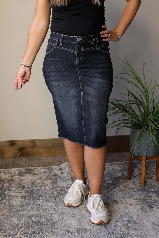 Hannah Black Wash Fray Hem Denim Skirt wool skirt sturdy