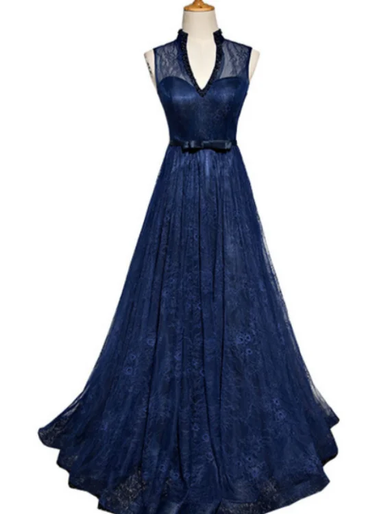Navy Blue Lace V-Neckline Open Back Evening Gown, Blue Floor Length Party Dress Prom Dress    cg20186 Bodycon Fitted Nightout