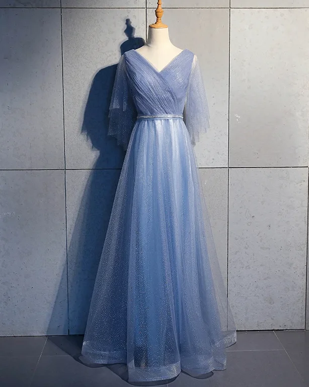 Tulle A-Line Short Sleeves Long Prom Dress, Tulle Bridesmaid Dress Party Dress   cg17444 Tunics Occasion special