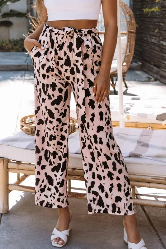 Animal Print Belted Wide Leg Pants Formal Dress Pants