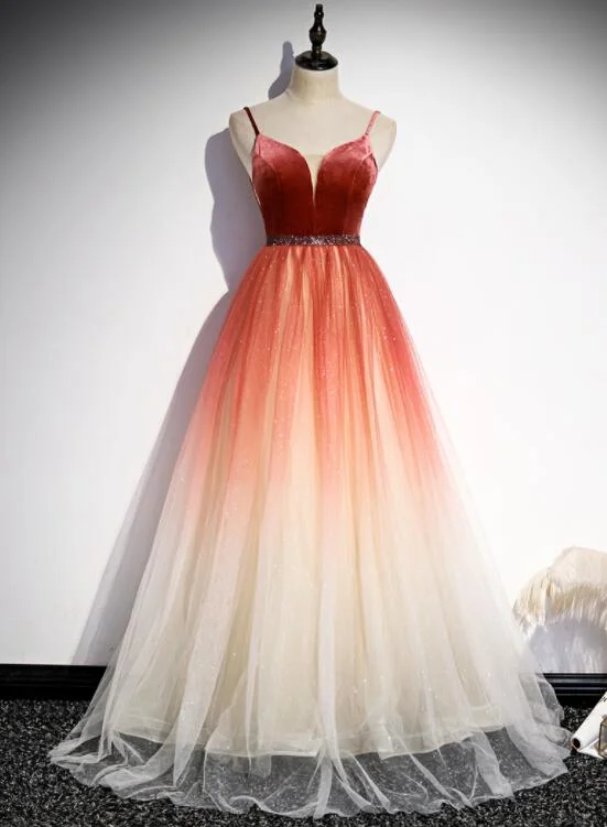 long prom dress Beautiful Red Velvet And Gradient Tulle Beaded Party Dress, Straps Long Formal Gown   cg20252 Tunics Cozy soft