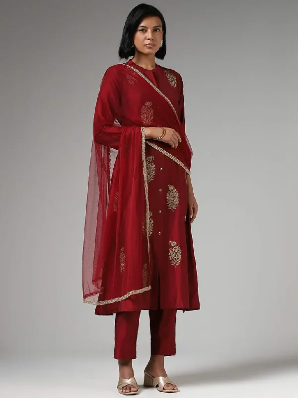 Vark Zari Embroidered Maroon Kurta with Pants & Dupatta Modern Skinny Pants