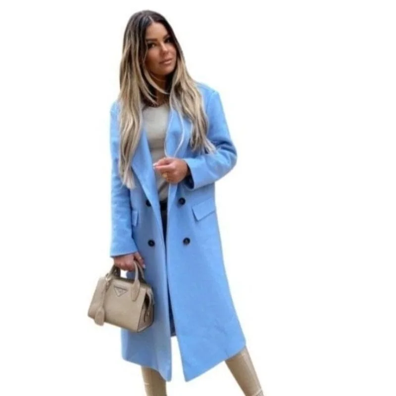 GLORIA Design Women's Fine Fashion Elegant Design Sky Blue Long Wool Coat Jacket Denim Jacket Leather Jacket Suede Jacket