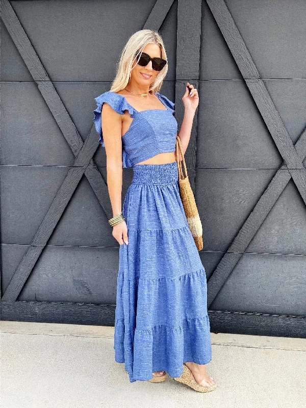 Ruffled Tiered Skirt Set In Blue denim skirt classic