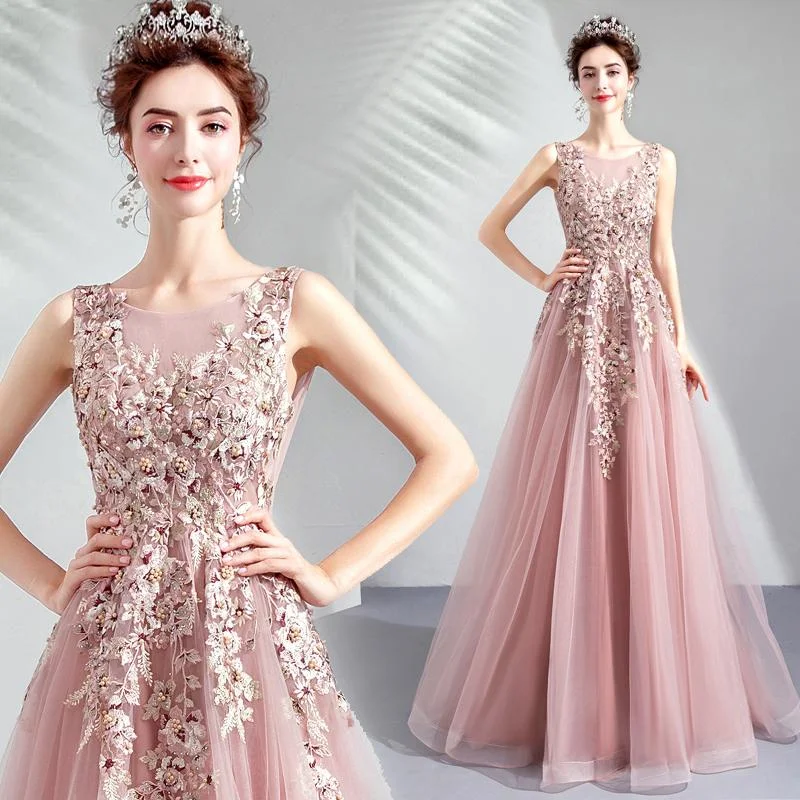 Pink Tulle Flowers V-Neckline Long Formal Gown, Lovely Pink Tulle Prom Dress Party Dress   cg21917 Tunics Winter warm