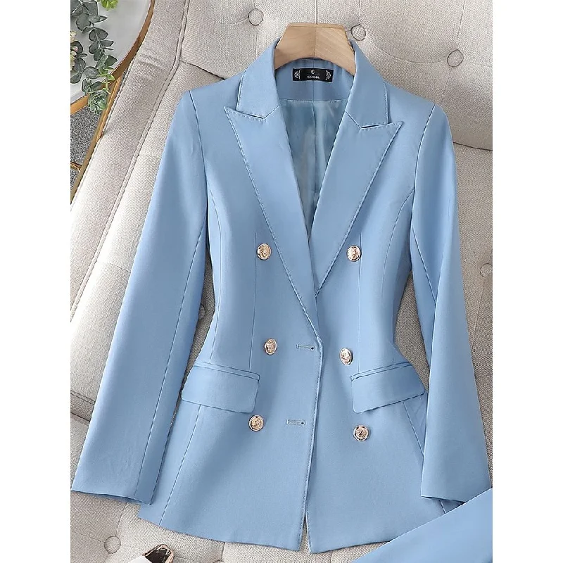 CAROLINE SUITS Women's Elegant Stylish Fashion Office Professional Solid Color Light Blue Sky Blue Blazer Jacket Notch Collar Jacket Peter Pan Collar Jacket Cowl Neck Jacket CAROLINE SUITS Women's Elegant Stylish Fashion Office Professional Solid Color Light Blue Sky Blue Blazer Jacket Notch Collar Jacket Peter Pan Collar Jacket Cowl Neck Jacket