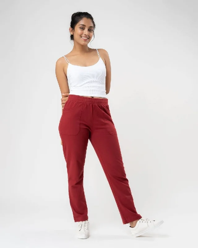 100% Organic Cotton Red Regular Fit Athleisure Pant for Women High-Waist Jeans