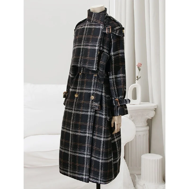 LAUTARO Women's Fine Fashion Elegant Luxury Black Plaid Style Long Wool Coat Jacket A-Line Jacket Boat Neck Shawl Collar