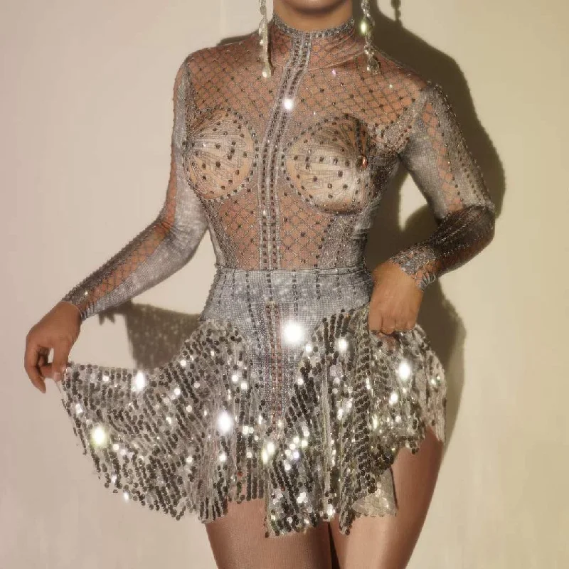 Sparkly Rhinestone Long Sleeve Top And Sequin Mini Skirt Set Turtleneck Mesh See Through Mini Skirt Sexy 2 Pieces Set Party Wear leather skirt bold