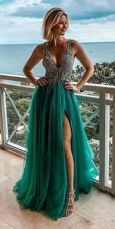 Fashion V neck Green Tulle Prom Dress, Split Slit Evening Party Dresses    cg19953 Crew Neckline Casual