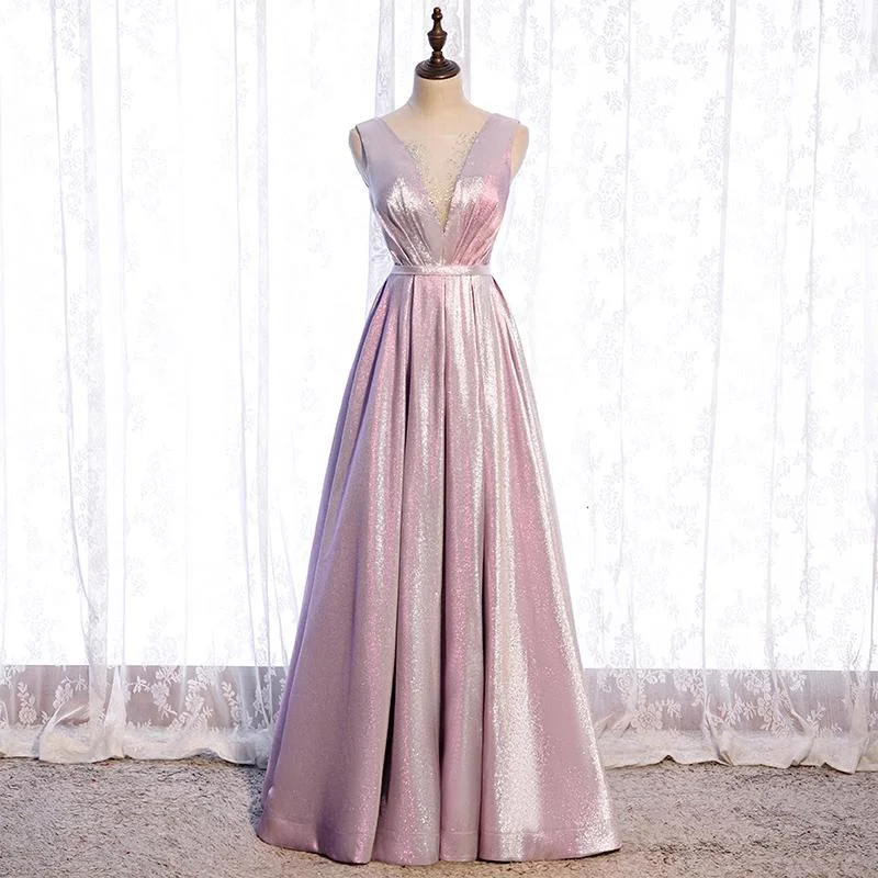 Pink Satin V-Neckline Shiny A-Line Party Dress Prom Dress, Pink Long Formal Dress Bridesmaid Dress    cg22374 Tunics Plaid country