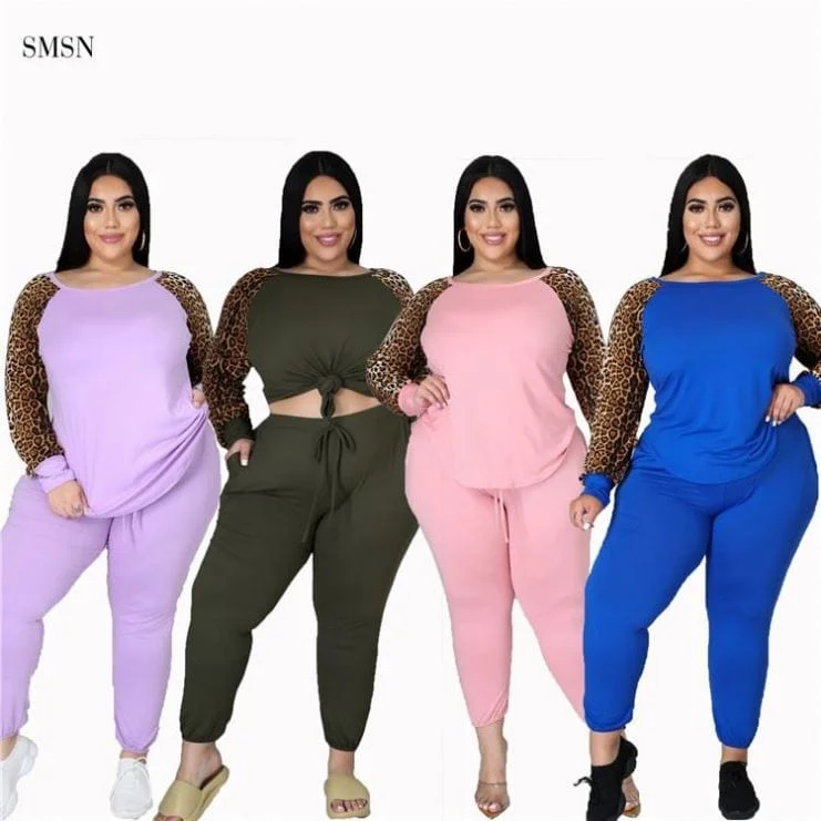 SMSN OSINA Good Quality Autumn Leopard Print Long Sleeve Women Pants Set Lounge Wear Plus Size Women Clothing Two Piece Set Casual Track Pants