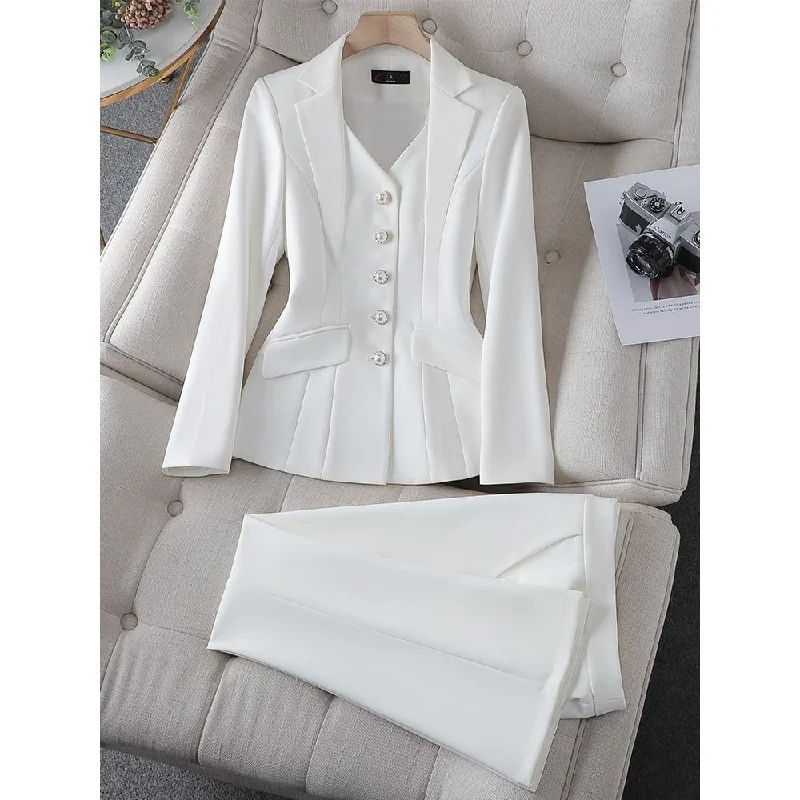 CAROLINE SUITS Women's Elegant Stylish Fashion Office Blazer Jacket & Pants White Suit Set Notch Collar Peter Pan Collar Cowl Neck