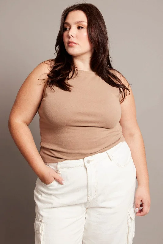 Brown Tank Top Sleeveless Boat Neck cropped tank top