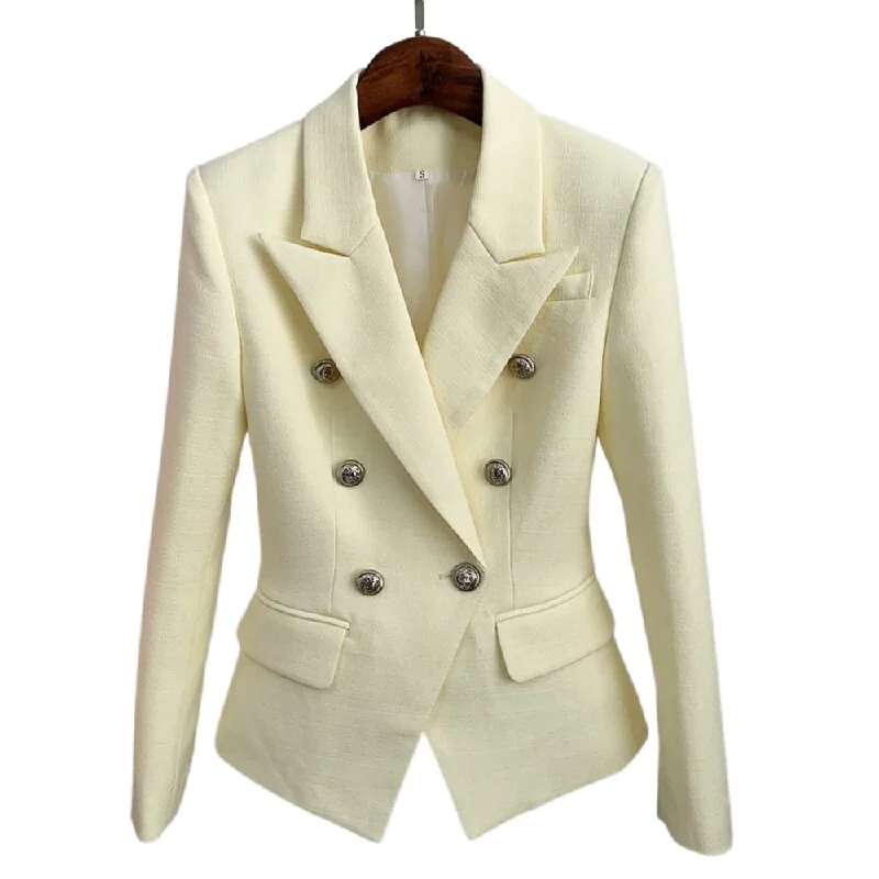 HIGHSTREET Women's Elegant Stylish Fashion Office Professional Woven Plaid Ivory White Blazer Jacket Herringbone Jacket Checkered Jacket Solid Jacket
