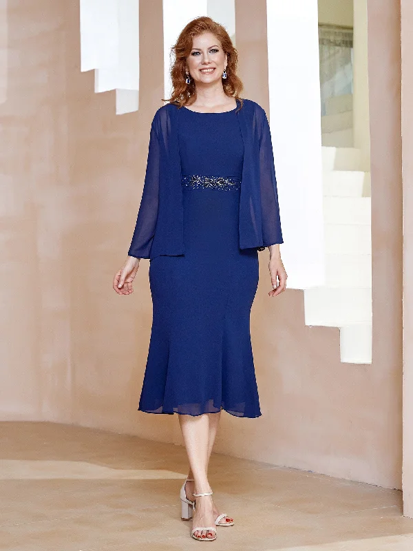 Chiffon Beaded Tea-length Dress with Jacket Navy Blue Notch Collar Peter Pan Collar Cowl Neck