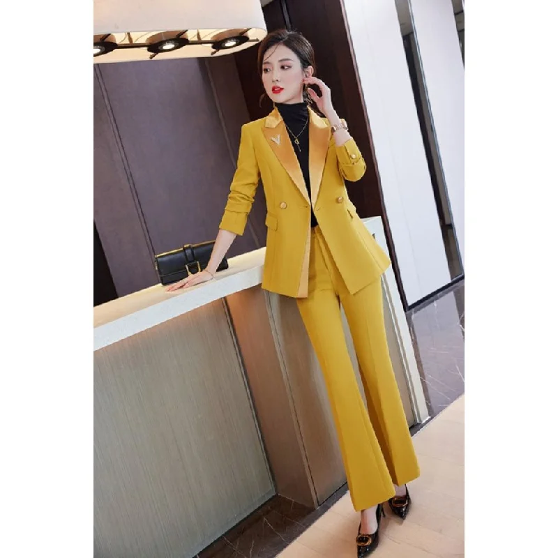 NAVIA SUITS Women's Elegant Stylish Fashion Office Blazer Jacket & Pants Yellow Suit Set Front Pockets Side Pockets Patch Pockets