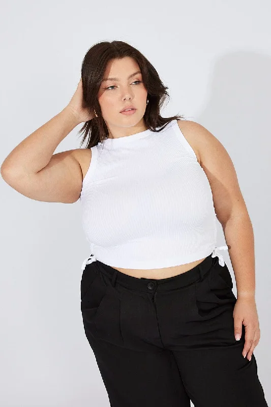 White Tank Top Crew Neck Seamless Side Ruched cotton tank top