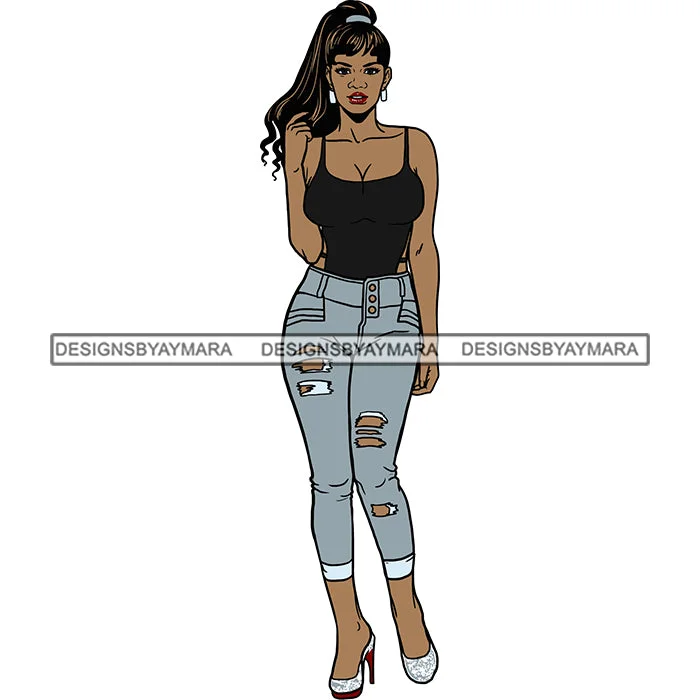 Black Woman Black Tank Top And Jeans  Posing SVG JPG PNG Vector Clipart Cricut Silhouette Cut Cutting adorable tank top