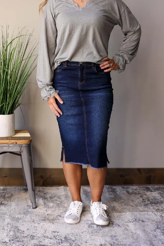Becca Dark Wash Side Slit Denim Skirt lace skirt intricate