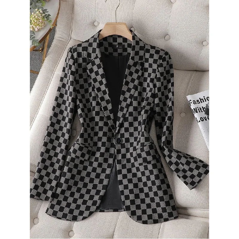 CAROLINE SUITS Women's Elegant Stylish Fashion Office Professional Woven Black Plaid Blazer Jacket Rayon Jacket Velvet Jacket Corduroy Jacket