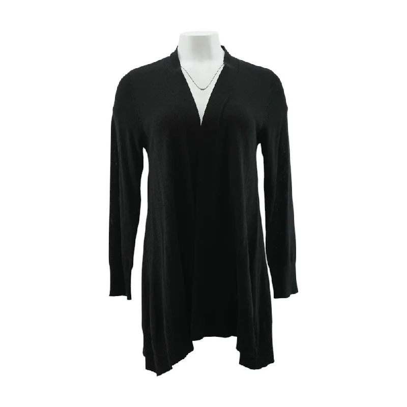 Black Solid Cardigan Sweater Terry Terry Cloth Terry Knit