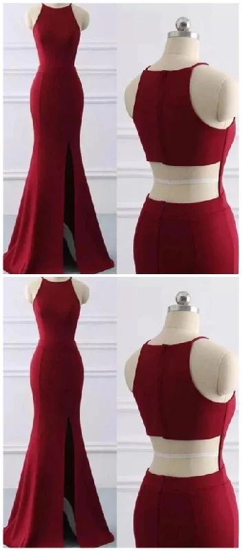 Wine Red Halter Mermaid Long Party Dress With Leg Slit, Sexy Long Formal Dress prom Dress     cg22571 sweetheart Neckline Romantic