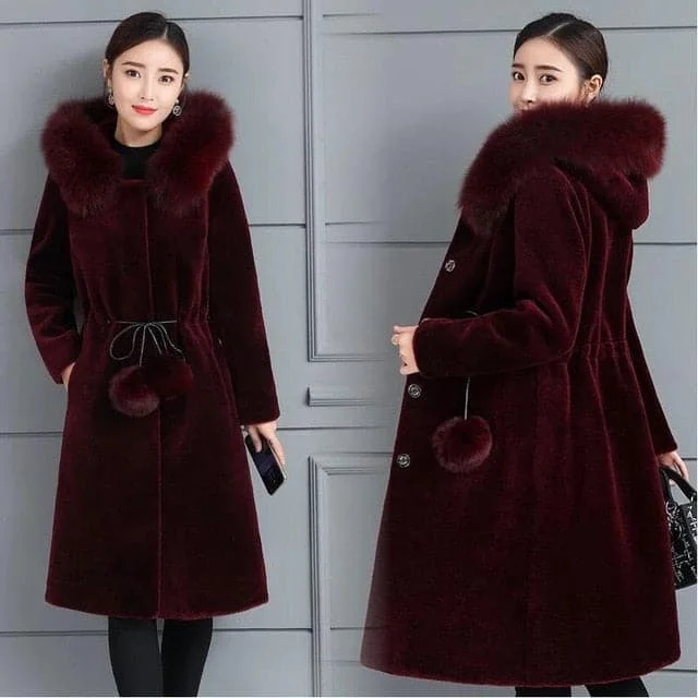 LUGENTOLO Women's Fine Fashion Elegant Burgundy Red Faux Fur Coat Jacket With Hoody & Tassel Pom-Pom Front Pockets Side Pockets Patch Pockets