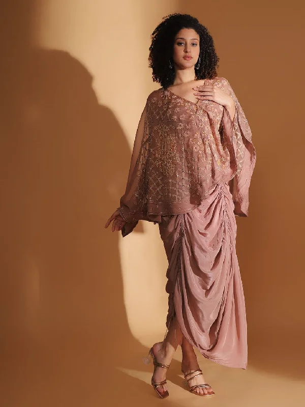 Circular Cape with Crepe Skirt - Brown denim skirt fashionable