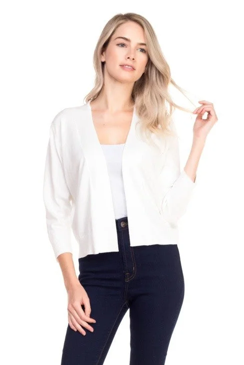 Short & Sweet White 3/4 Sleeve Cardigan Sweater Patchwork Embroidered Appliqued