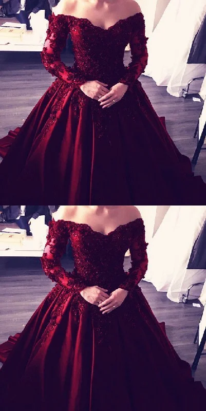 Burgundy Satin with Lace Applique Ball Gown Party Dress,Wine Red Prom Dress   cg15078 Tunics Recommended stylist