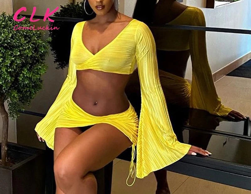 Long Sleeve Sexy Two Piece Skirt Set Vacation Beach For Women 2023 Summer Yellow Plicated Bodycon Mini Skirt Set spandex blend skirt