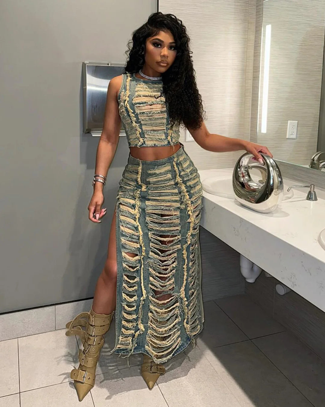Hollow Out Jeans Skirt Outfit Set Sexy Women Elegant Two Pieces Denim Club Matching Set lace skirt elegant