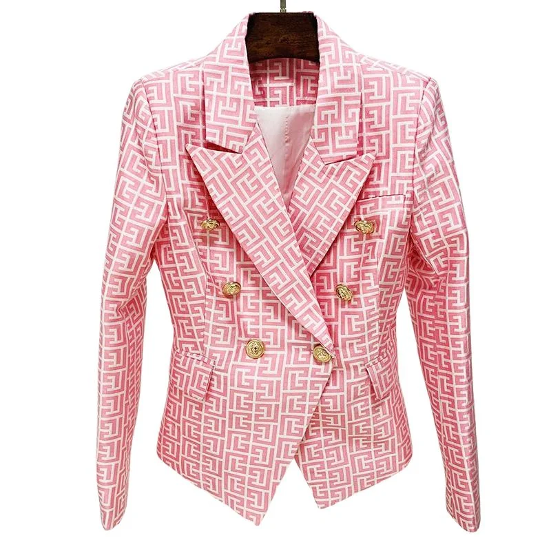 HIGHSTREET Women's Elegant Stylish Fashion Geometric Design Office Business Casual Professional Style Pink Blazer Jacket Wool Jacket Cashmere Jacket Tweed Jacket