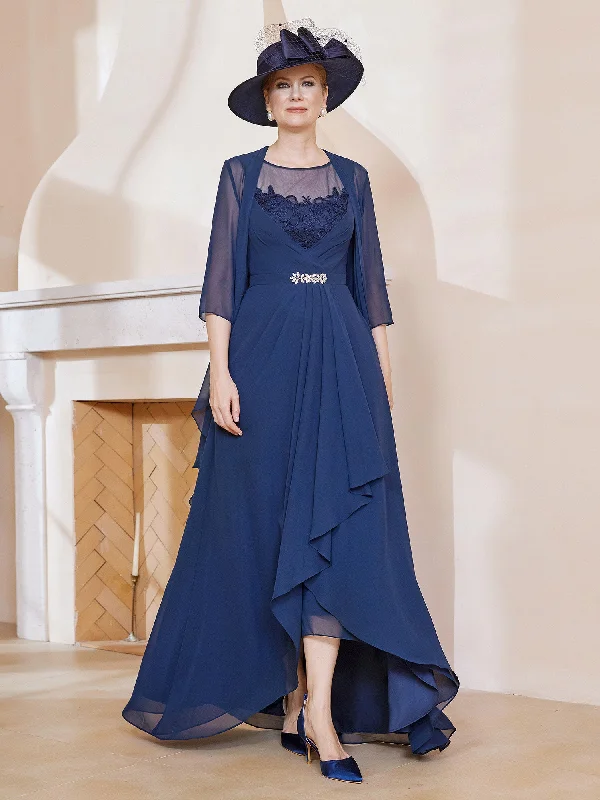 Illusion Neckline Ruffles Dress With Jacket Dark Navy Fleece Fabric Down Fabric Feather Fabric