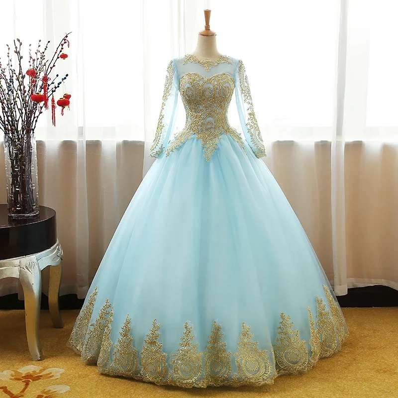 White Chiffon High Low ChicMint Blue Long Sleeves With Gold Lace Long Party Dress, Tulle Round Neckline Sweet 16 Dress Prom Dress    cg20452 Tunics Top rated