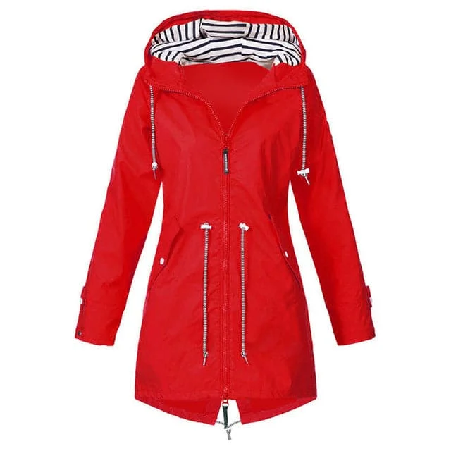 RTSHINE Women's Fashion Stylish Red Hooded Light Jacket Raincoat Zipper Jacket Notch Collar Peter Pan Collar Cowl Neck
