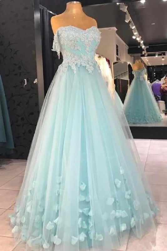 Mint Blue Sweetheart Tulle With Lace And Flowers Formal Dress, Tulle Long Prom Dress Party Dress    cg20878 Tunics Chinos classic