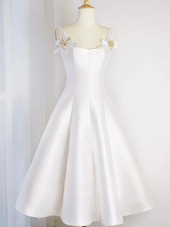 White Satin Short Prom Dress, Simple A-Line Evening Party Dress       cg25092 Crew Neckline Casual