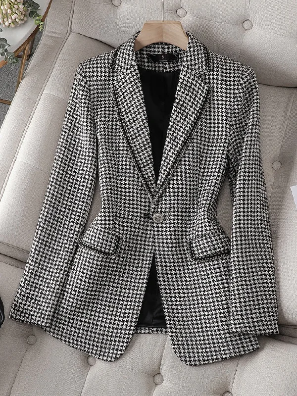 CAROLINE SUITS Women's Elegant Stylish Fashion Office Professional Woven Black Plaid Blazer Jacket Faux Fur Jacket Real Fur Jacket Shearling Jacket