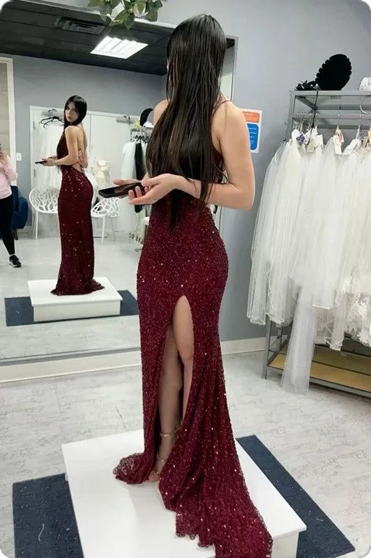 Sexy Mermaid Spaghetti Straps Burgundy Sequin Prom Dresses Party Dress      cg25274 Tunics Brand named