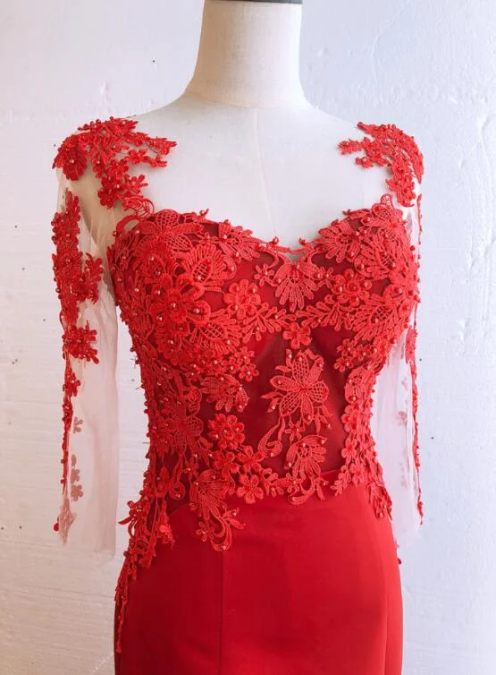 Red Satin Round Neckline Party Dress With Lace Applique, Red Formal Gown Evening Dress Prom Dress       cg22962 Off-the-shoulder Bohemian Festive